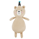 Teddy bear shaped dog toy with black party hat with white spots on it's head. Bear has stitched facial features, white muzzle and pink blush on it's cheeks pictured on a white background. 