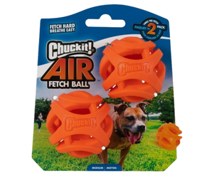 White background with a twin pack ChuckIt! Air Fetch small dog balls, pictured on the pack is a brown dog.