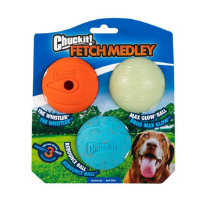 White background with a packet of three ChuckIt! Fetch Medley medium dog balls, pictured on the pack is a Labrador dog. 