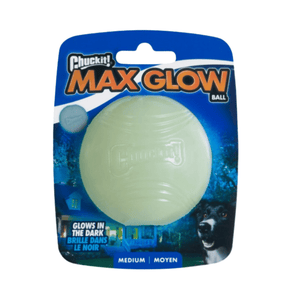 White background with a pack of one ChuckIt! Max Glow medium dog ball, pictured on the pack is a Collie dog. 