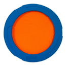 Frisbee style toy with a blue rudder outer rim and orange nylon inside on a white background. 