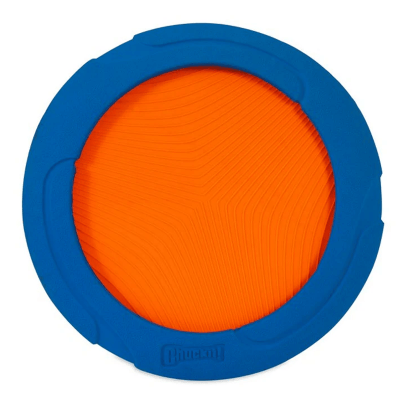 Frisbee style toy with a blue rudder outer rim and orange nylon inside on a white background. 