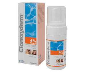 White background with a bottle of Clorexyderm 4% Foam 100ml with the box pictured beside it. 