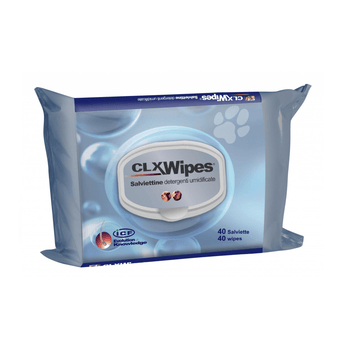 A package of CLX Wipes pet cleaning wipes, featuring a blue and white design with a paw print graphic and a circular logo in the center.