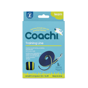 White background with a Coachi 5 metre Training line in blue and lime green packaging. 