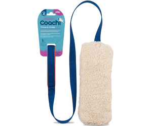 White background with a soft faux lambs wool the Coachi Chase & Crinkle chase toy with a blue bungee handle, attached to a blue cardboard tag. 