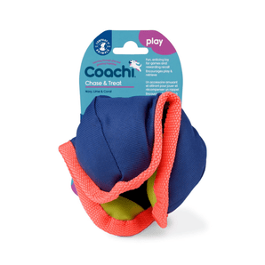 White background with a coral, navy and lime green Coachi Tuggi Chase & Treat dog toy, attached to a blue cardboard tag. 