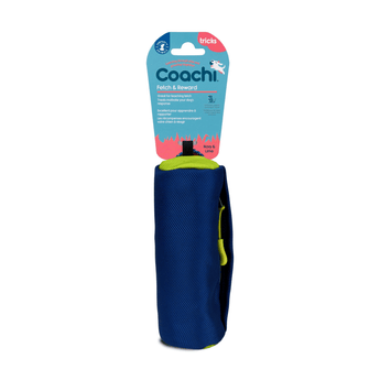 White background with a lime green and navy Coachi Fetch and Reward training fetch toy, attached to a blue cardboard tag. 