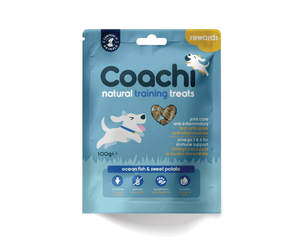 White background with a blue packet of 100g Coachi Natural Training treats, with an illustrated dog on the picture.
