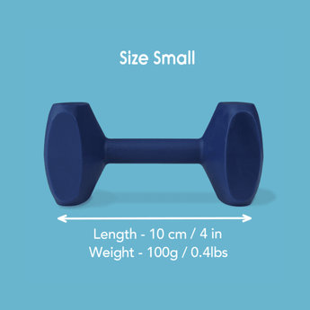 Blue background with a Small navy Coachi Training Dumbbell dog toy, with measurements below indicating length of 10cm. 