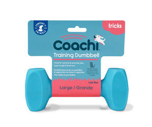 White background with a turquoise Coachi Training Dumbbell dog toy, attached to a blue cardboard tag. 