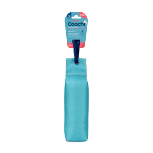 White background with a turquoise Coachi Training Dummy dog toy with a blue handle, attached to a blue cardboard tag. 