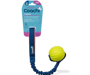 White background with a yellow Coachi Tugger Ball with a blue bungee handle, attached to a blue cardboard tag. 