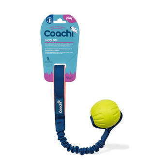White background with a yellow Coachi Tugger Ball with a blue bungee handle, attached to a blue cardboard tag. 