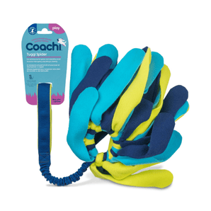 White background with a turquoise, navy and lime green Coachi Tuggi Spider dog toy with a blue bungee handle, attached to a blue cardboard tag. 