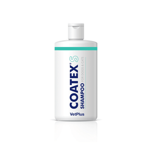 White background with a white bottle of Coatex S Shampoo for dogs and cats