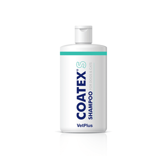 White background with a white bottle of Coatex S Shampoo for dogs and cats