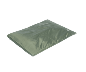 White background with a thin pillow-type green waterproof dog bed pictured. 