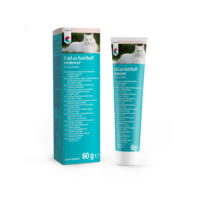 CatLax hairball remover packaging with a tube and box on a white background