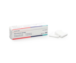 White background with a white box of 200 5x5cm CVET Gauze Swabs Non-Woven, with two of the Gauze pictured outside of the box.