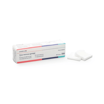 White background with a white box of 200 5x5cm CVET Gauze Swabs Non-Woven, with two of the Gauze pictured outside of the box.