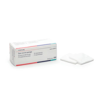 White background with a white box of 200 7.5x7.5cm CVET Gauze Swabs Non-Woven, with two of the Gauze pictured outside of the box.