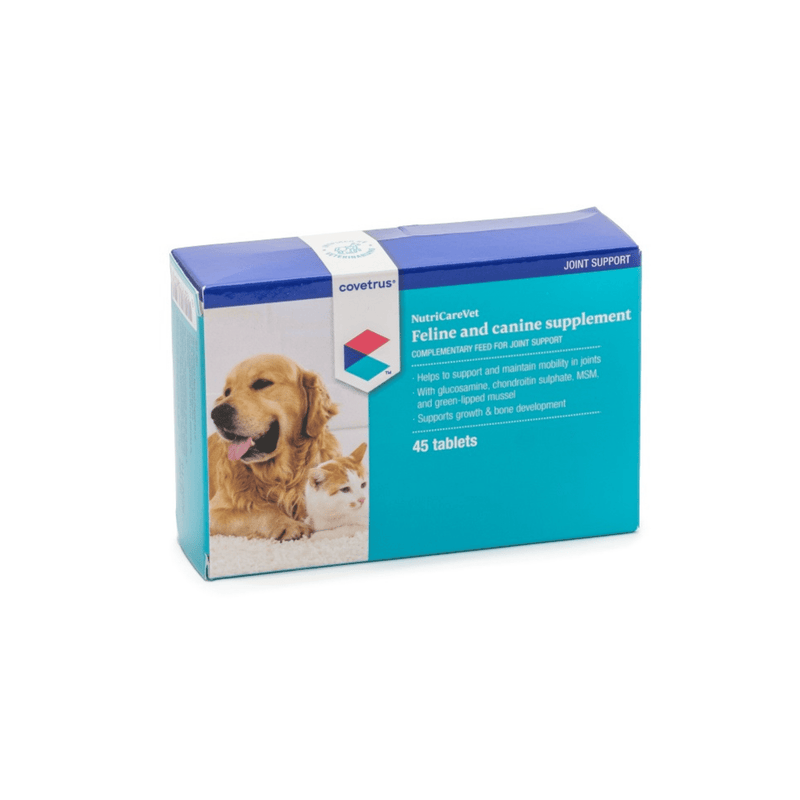 Supplement box for feline and canine with a dog and cat on the label against a white background