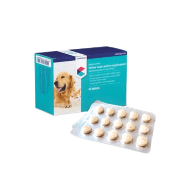Dog supplement packaging with tablets on a white background
