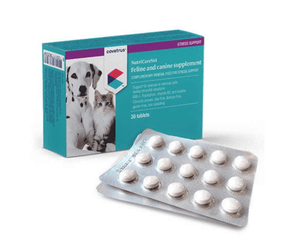 Supplement packaging for pets with tablets on a white background