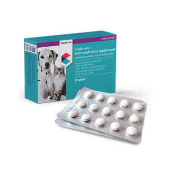 Supplement packaging for pets with tablets on a white background