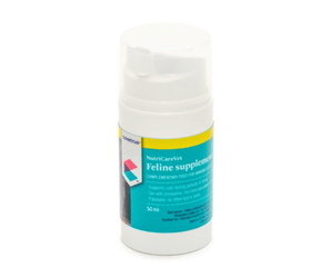 Feline supplement bottle with a white background