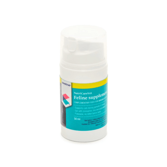 Feline supplement bottle with a white background