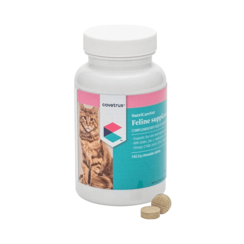 Vitamin supplement bottle for cats with a cat on the label against a white background