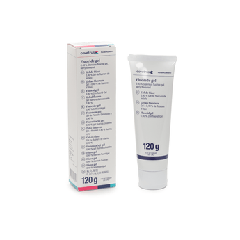 Fluoride gel tube and packaging on a white background