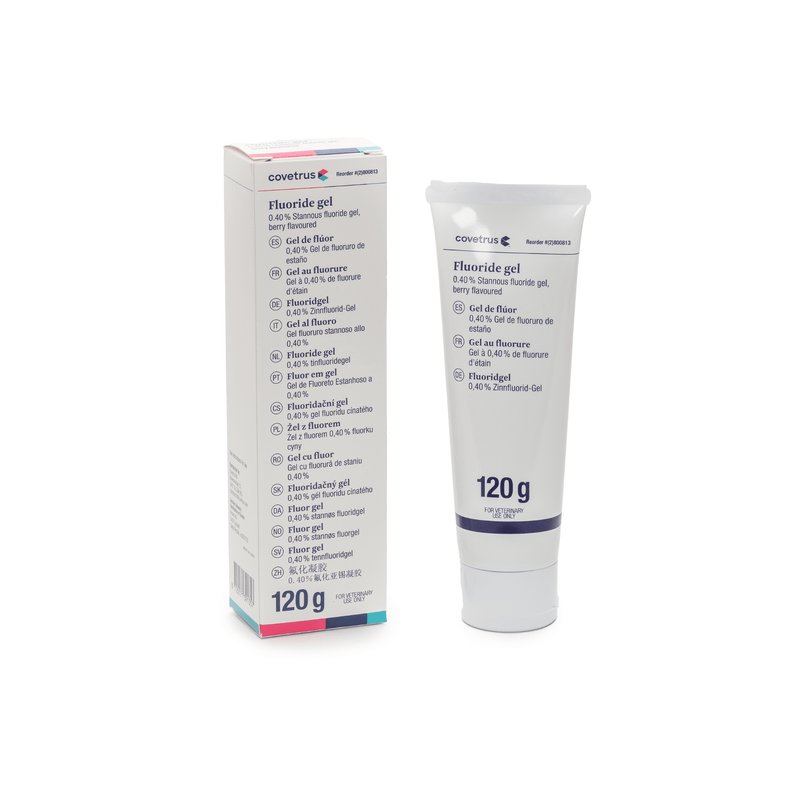 Fluoride gel tube and packaging on a white background