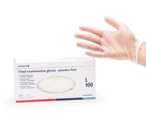 White background with a hand shown wearing a CVET Vinyl examination glove. Below is a box of 100 CVET Vinyl examination gloves. 