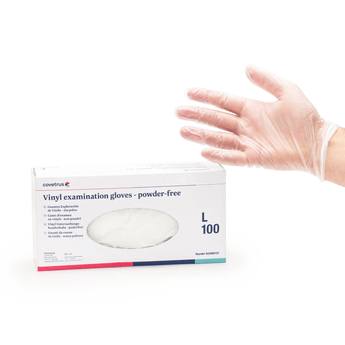 White background with a hand shown wearing a CVET Vinyl examination glove. Below is a box of 100 CVET Vinyl examination gloves. 