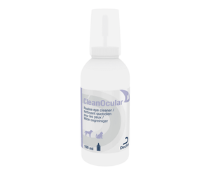 White background with a white bottle of Dechra ClearOcular eye cleaner, pictured on the bottle is a silhouette of and cat and dog. 