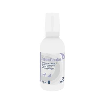 White background with a white bottle of Dechra ClearOcular eye cleaner, pictured on the bottle is a silhouette of and cat and dog. 