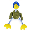 Duck shaped dog toy with blue head, yellow beak with a blue and white rope neck, brown plush body, blue and white twisted rope legs connected to yellow feet. Sat up on a white background.