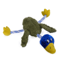 Duck shaped dog toy with blue head, yellow beak with a blue and white rope neck, brown plush body, blue and white twisted rope legs connected to yellow feet. Lying on a white background.