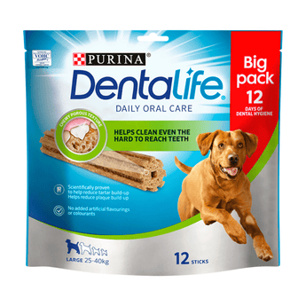 White background with a packet of Purina Dentalife Large Dog Dental Chews pictured, on the packet is a Labrador dog. 