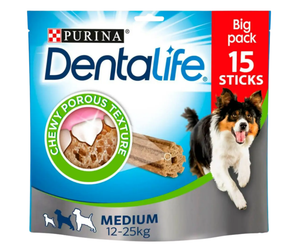 White background with a packet of Purina Dentalife Medium Dog Dental Chews pictured, on the packet is a Tri-coloured collie dog. 