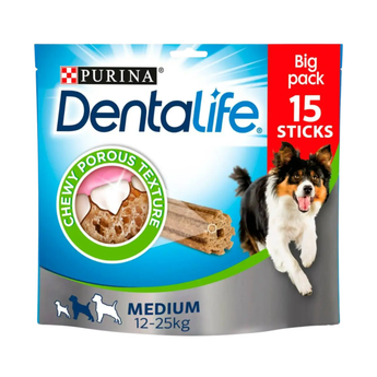 White background with a packet of Purina Dentalife Medium Dog Dental Chews pictured, on the packet is a Tri-coloured collie dog. 