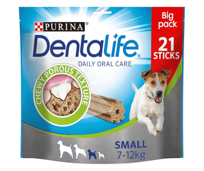 White background with a packet of Purina Dentalife Small Dog Dental Chews pictured, on the packet is a Jack Russell terrier dog. 