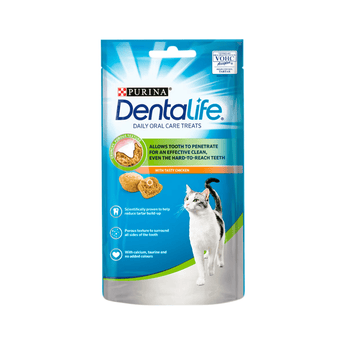 White background with a packet of Purina Dentalife Cat Chicken Treats 40g pictured, on the packet is a silver and white tabby cat. 