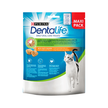 White background with a packet of Purina Dentalife Cat Chicken Treats 140g pictured, on the packet is a silver and white tabby cat. 
