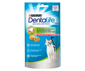 White background with a packet of Purina Dentalife Cat Salmon Treats 40g pictured, on the packet is a silver and white tabby cat. 