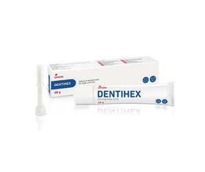 Dentihex dental paste tube and packaging on a white background
