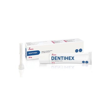 Dentihex dental paste tube and packaging on a white background